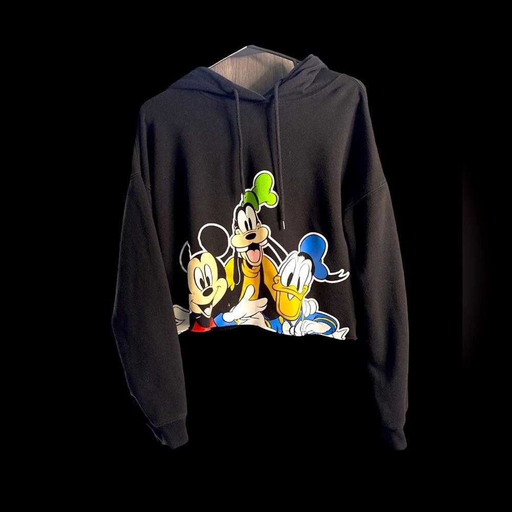 Disney XL Cropped Black Hoodie with Mickey Donald and Goofy Excellent Condition